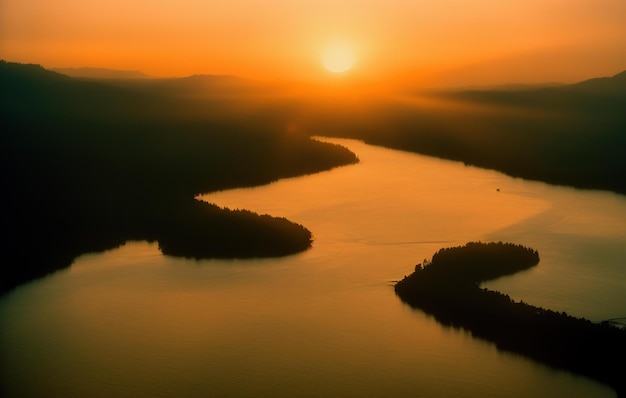 morning in the forest, sunset over the mountains, lake