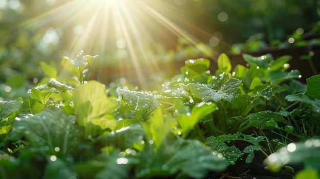 Morning Fresh Green Vegetable Garden with Sunlight Streaming Through Leaves