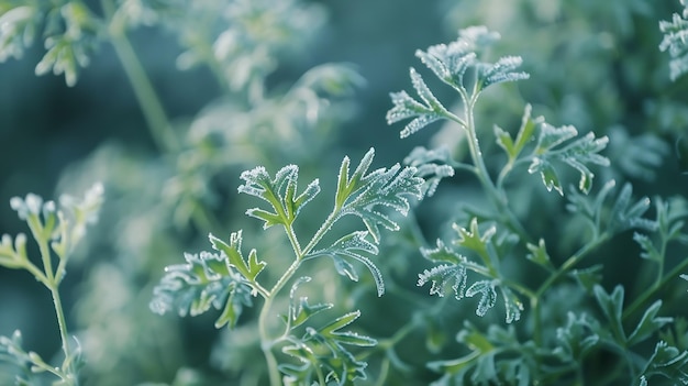 Morning frost on green leaves Winter macro Dill Morning plants in an ice crust Detai Generative AI