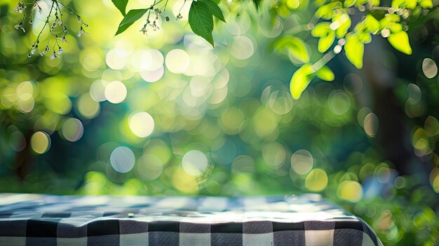 Morning garden background with checkered tablecloth and green bokeh suggesting a picnic concept