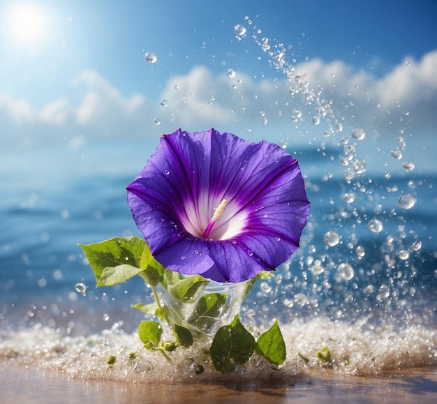 Morning glory flower on the beach with splashes of water and blue sky