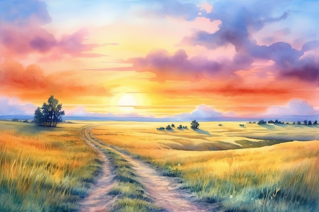 Morning Horizon watercolor artwork of the sun rising