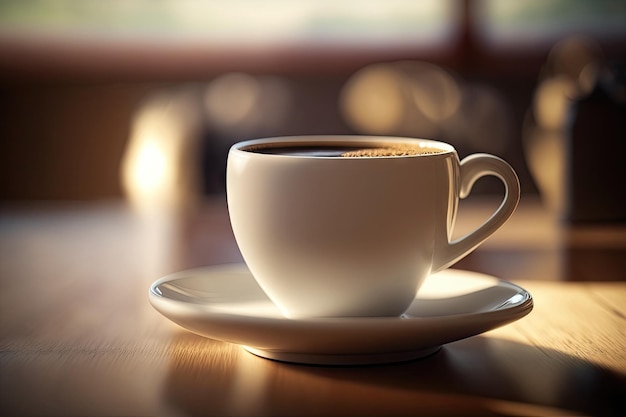 Morning java White coffee cup on table in cafe with copy space against fuzzy background close up focused specifically