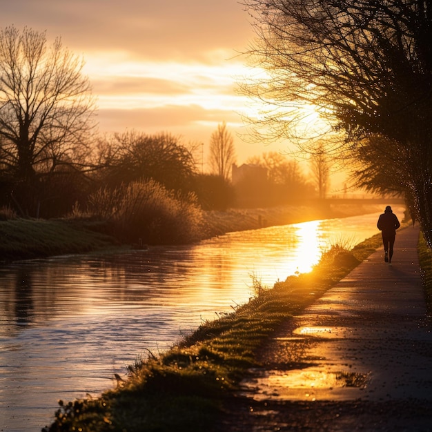 Morning jogger on a riverside path with the sun rising