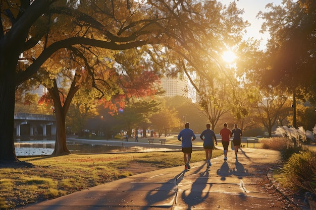 Morning Joggers Enjoying a Run in a Sunlit Park