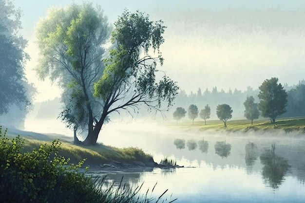 Morning landscape with fog on water and trees along banks of river haze over river