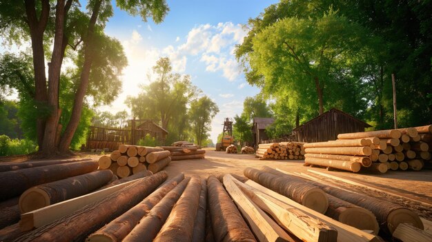 Morning light bathes a lumberyard where logs are neatly stacked alongside the path framed by lush greenery and rustic wooden structures in the background