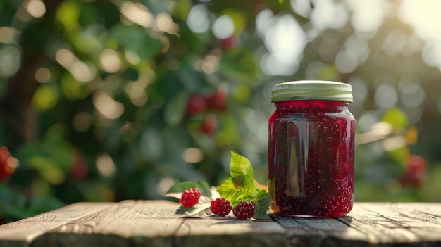 Morning light filters through trees onto a homemade jar of raspberry jam on rustic wood