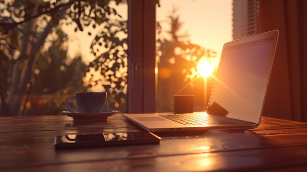 Photo morning light floods a workspace with a laptop coffee cup and smartphone on a wooden table