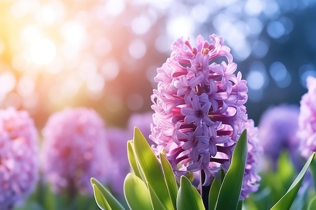 Photo morning light illuminates blooming purple hyacinths in a serene garden setting