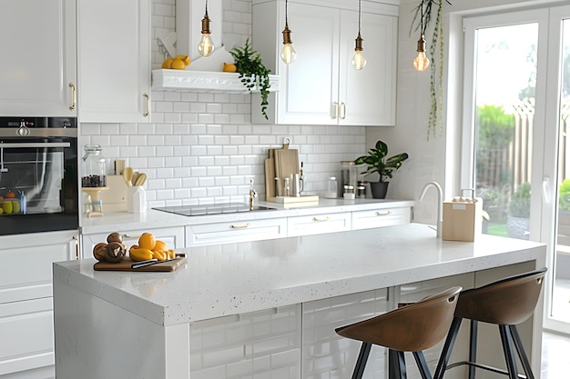 Morning Light Illuminating White Kitchen Island with Fruit and Quartz Countertop