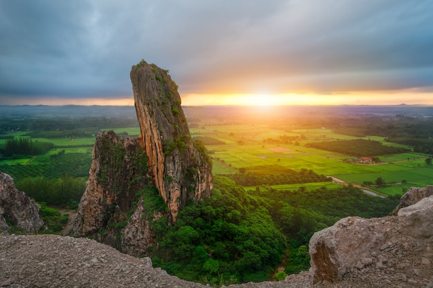 Morning light in the mountains of an old quarry in southern Thailand