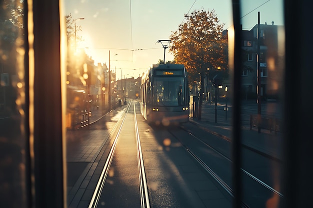 Photo morning light through tram window in german city