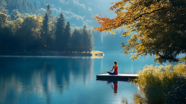 Photo morning meditation yoga on a lake surrounded by fall colors