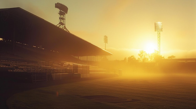 Photo morning mist over baseball stadium sunset scene