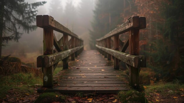 Morning mist hovering over a wooden bridge in the forest with a wooden platform background