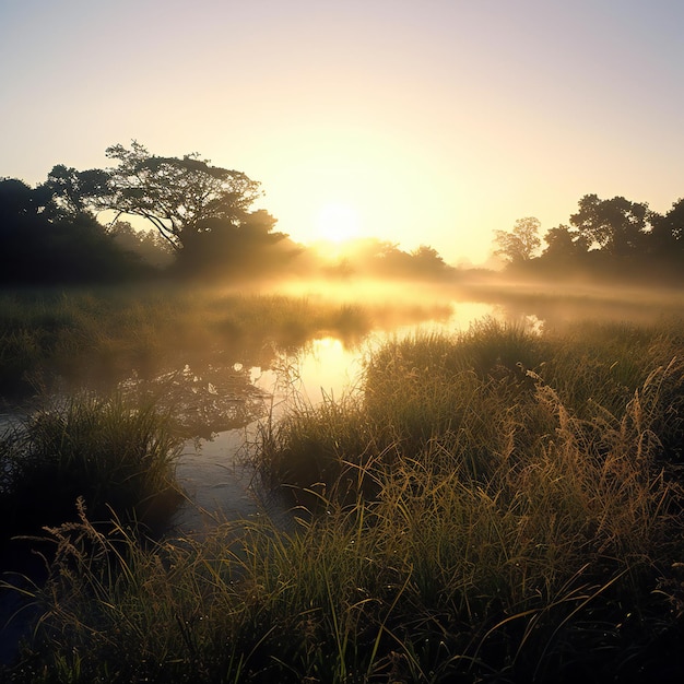 Morning mist over the river at sunrise Beautiful nature landscape in the morning