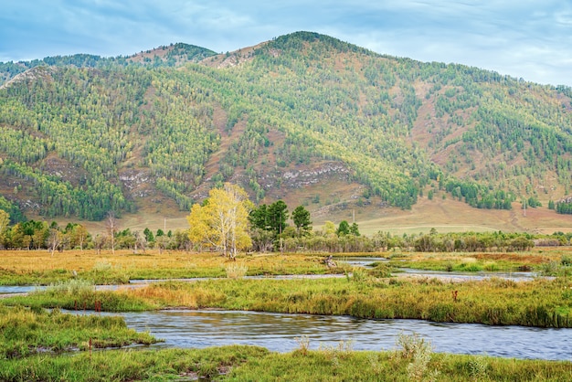 Morning mountain landscape. Autumn in the Karakol River Valley, Altai Mountains, Russia