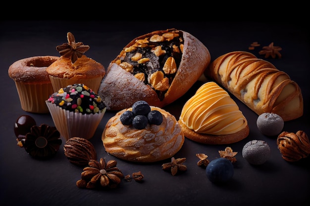 Morning pastries with different fillings on dark background in bakery