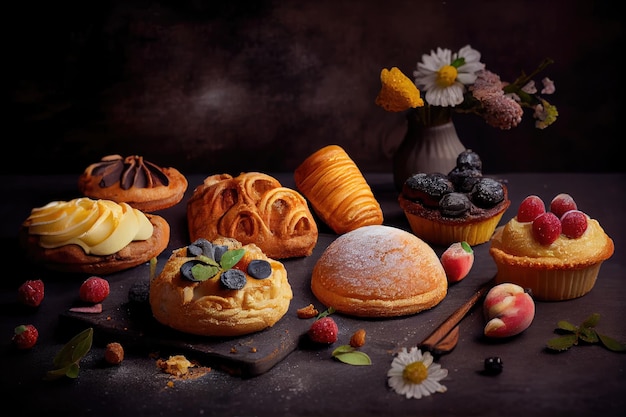 Morning pastries with different fillings on dark background in bakery