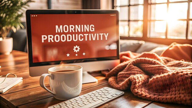 Photo morning productivity concept monitor and coffee mug on white background