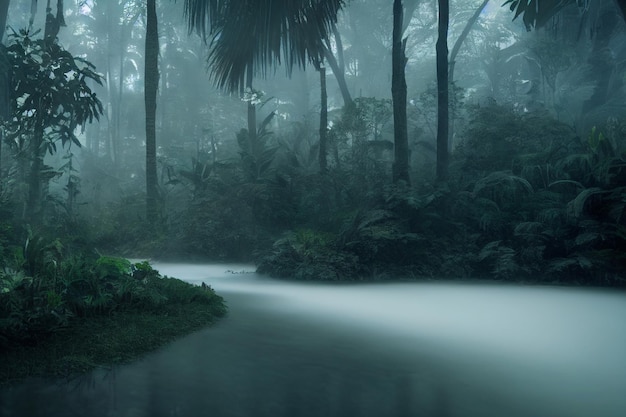 Morning Rain Forest with Foggy Weather Background Image