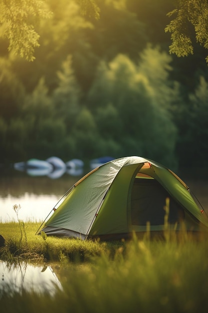 Morning Reflections A Tent by the Forest Lake at Dawn Camping