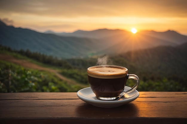 Morning Refreshment Hot Java in a Wooden Cup with Mountain Sky View