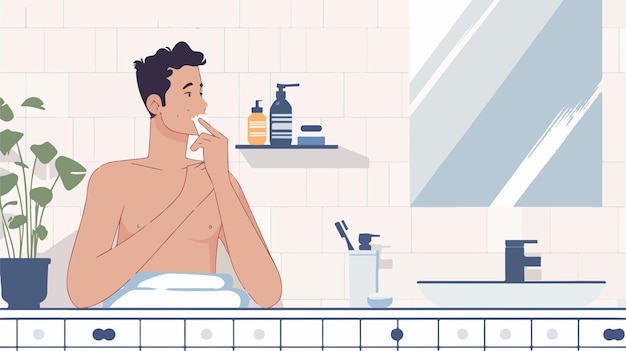 Morning Routine of Young Man Shaving in Bathroom Flat