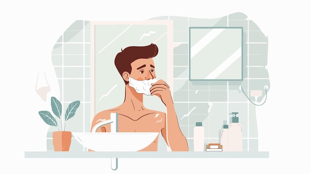 Photo morning routine of young man shaving in bathroom flat