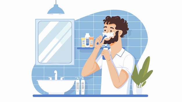 Morning Routine of Young Man Shaving in Bathroom Flat