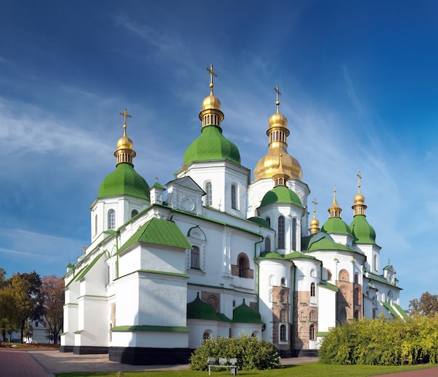 Morning Saint Sophia Cathedral church building view. Kiev-City centre, Ukraine. Three shots composite picture.