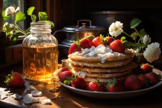 Morning Scene Golden pancakes with strawberries in rustic kitchen generative IA