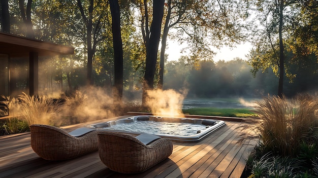 Photo morning serenity hot tub and lounge chairs on a forest deck