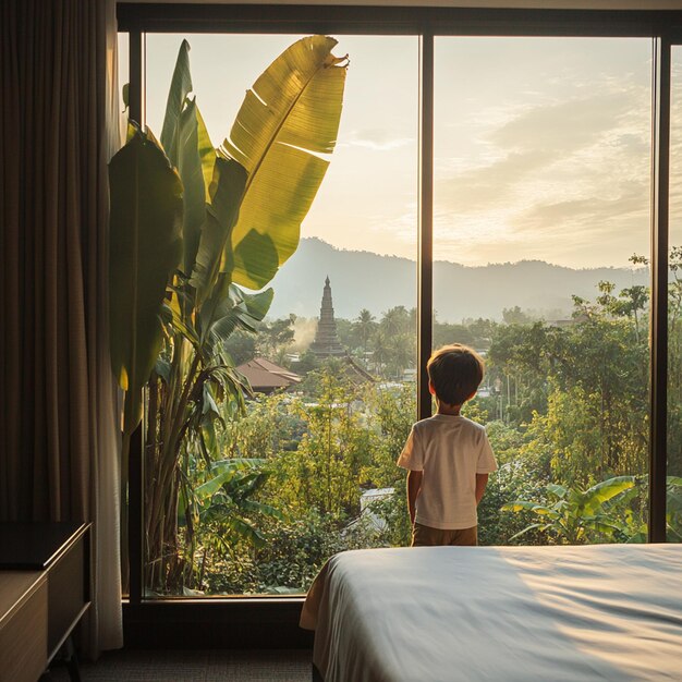 Photo morning serenity a modern hotel room overlooking chiang mai