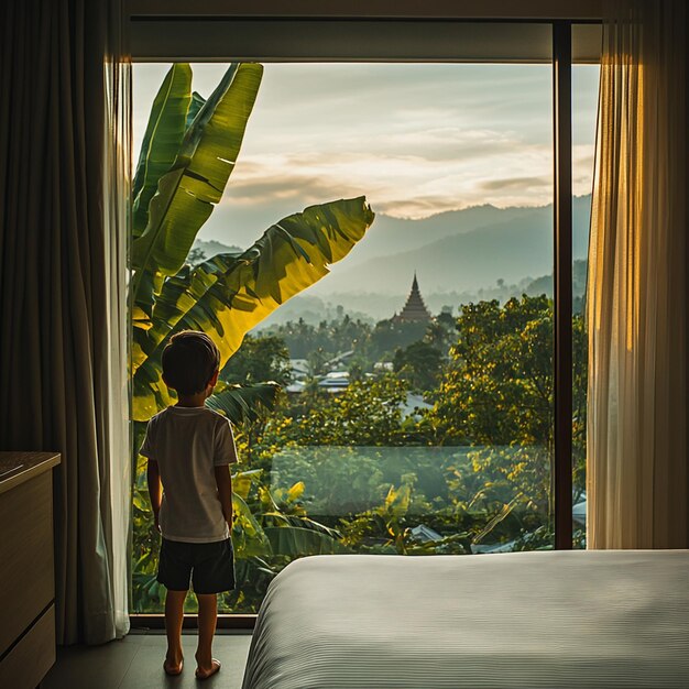 Photo morning serenity a modern hotel room overlooking chiang mai