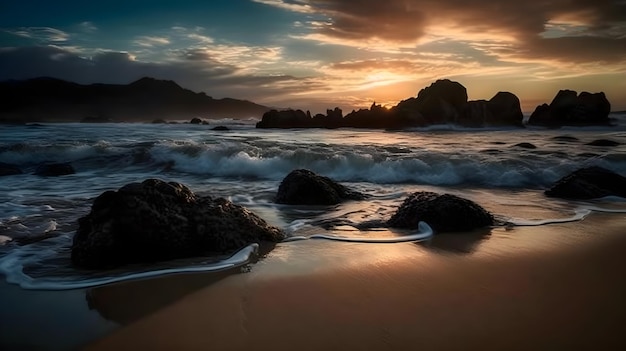 Morning Serenity Reflections of a Beautiful rocky beach at sunrise with ocean wave rocks and a beautiful sky