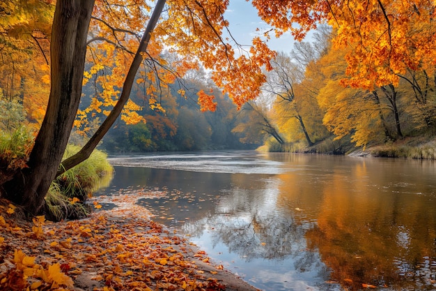 Morning Serenity Tranquil River Scene with Colorful Leaves After the Rain in Autumn