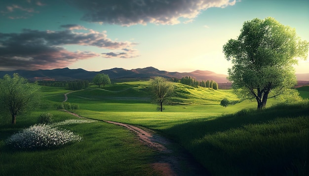 Morning Spring Landscape featuring Blue Sky and Green Grass Field