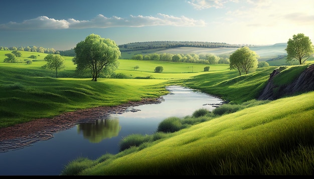 Morning Spring Landscape featuring Blue Sky and Green Grass Field