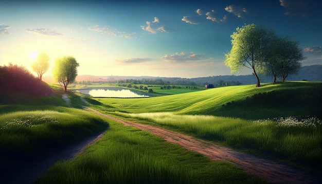 Morning Spring Landscape featuring Blue Sky and Green Grass Field