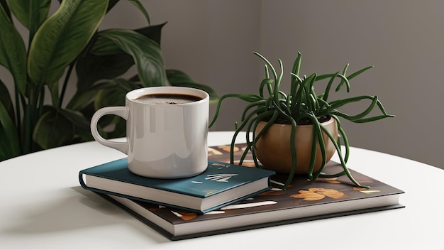 Morning Still Life A Serene Moment with Coffee Books and Nature