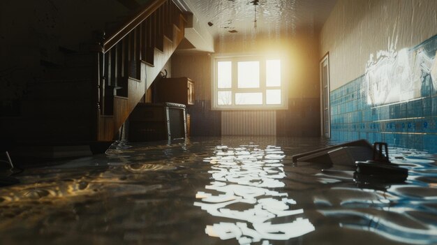 Photo morning sunlight fills a flooded room reflecting off the watercovered floor and casting light onto a disheveled interior