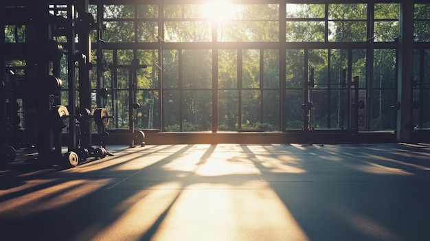 Photo morning sunlight streams through large windows in a serene gym highlighting shadows and fitness equipment during a quiet workout session