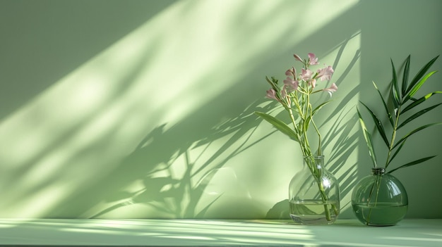 Morning sunlight with dappled light on blank green wall in background