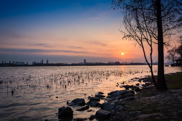 Morning sunrise city skyline park lake clear calm water