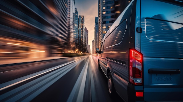 Photo morning sunrise rear view of delivery truck on road with urban skyline in background