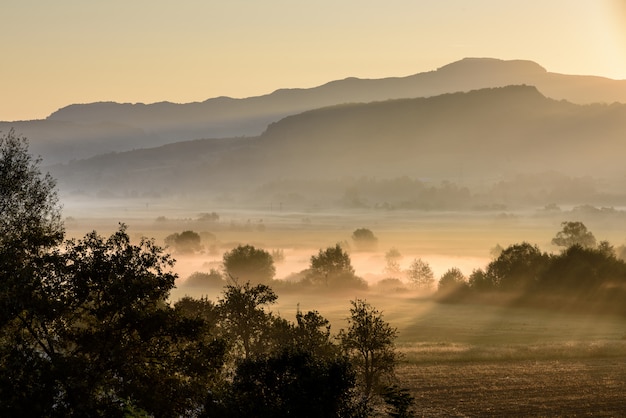 Morning sunrise over rural countryside landsacpe. Agricultural field.