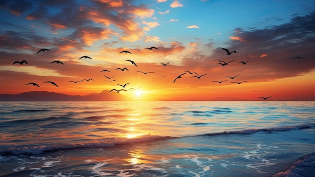 Morning Sunrise over Sea with Birds Flying in Blue Sky Generative AI