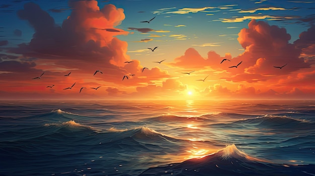 Morning Sunrise over the Sea with Birds Flying in Blue Sky